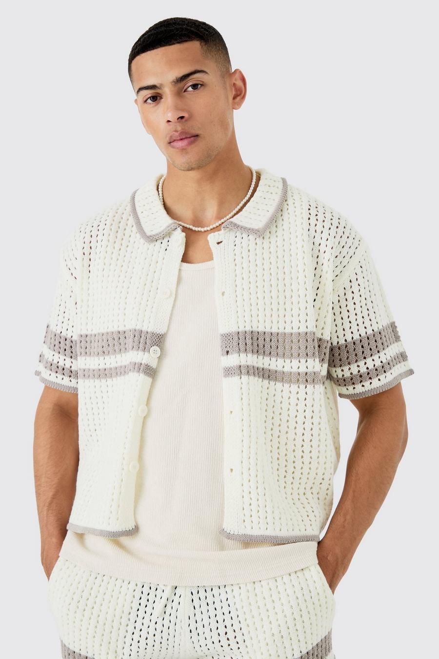 Stone Boxy Oversized Open Stitch Statement Stripe Knit Shirt