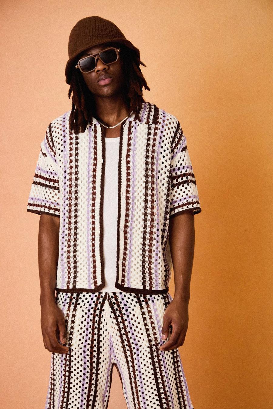 Camicia squadrata oversize in maglia a righe traforate, Ecru image number 1