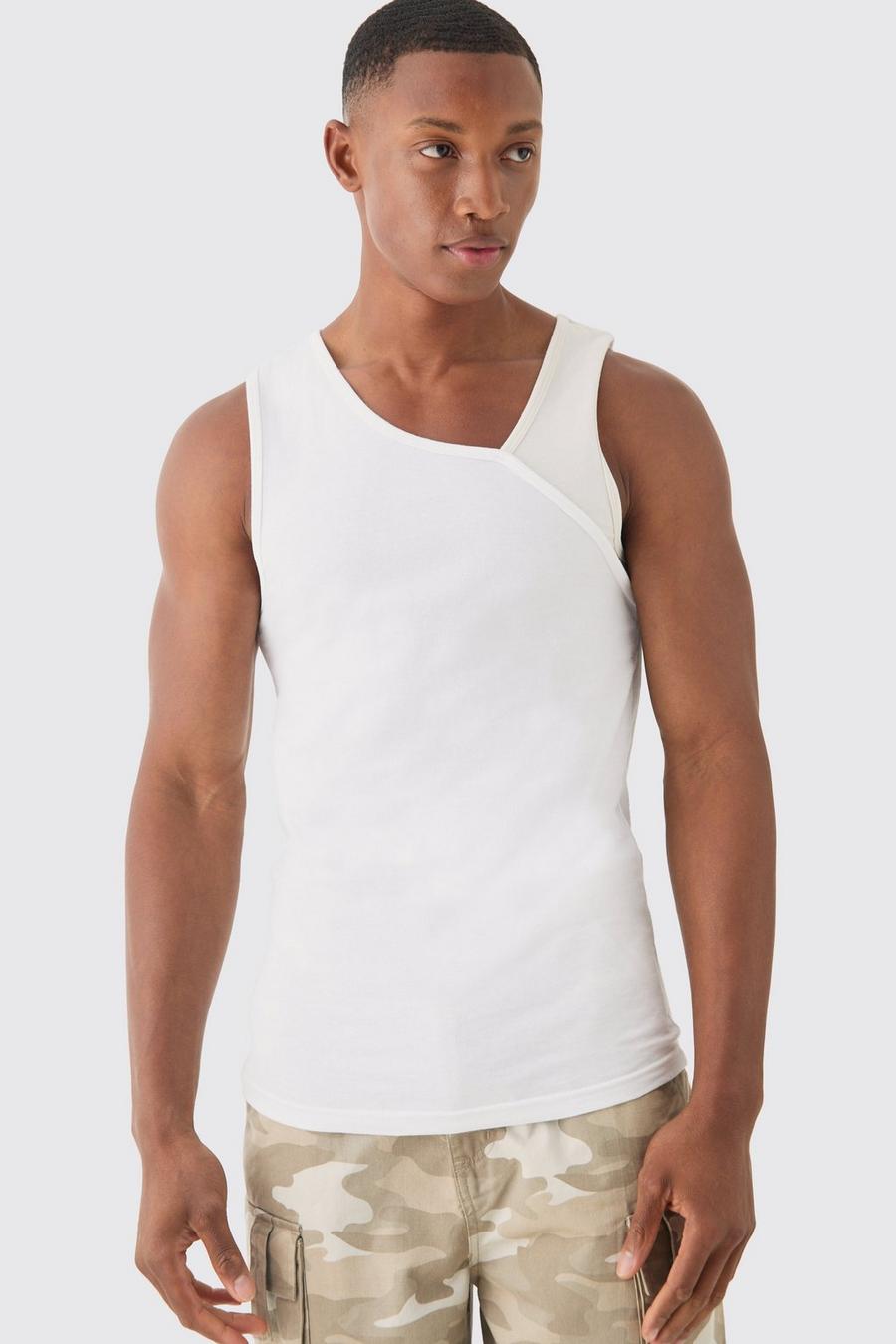 White Geribbeld Slim Fit Hemd Met Contrasterend Paneel