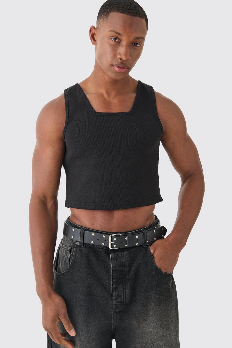 Black Slim Cropped Square Neck Interlock Vest