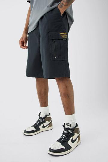 Black Tall Fixed Waist Twill Relaxed Cargo Zip Detail Tab Short