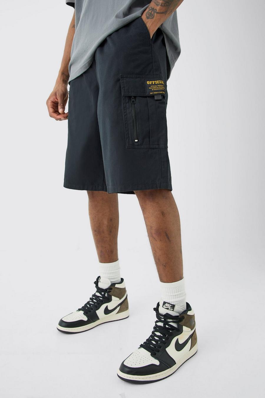 Black Tall Baggy Keperstof Cargo Shorts Met Rits En Label En Tailleband image number 1