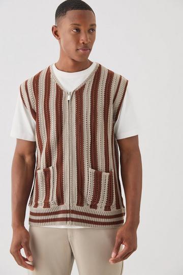 Regular Fit Zip Through Open Knit Stripe Gilet chocolate