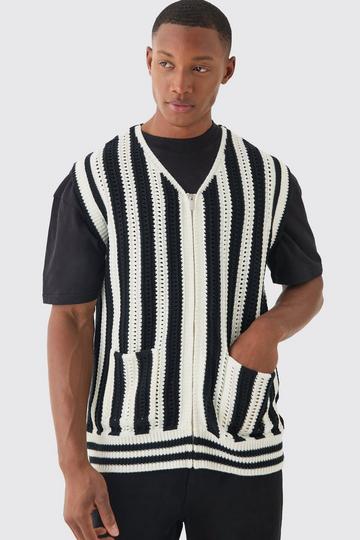 Regular Fit Zip Through Open Knit Stripe Vest ecru