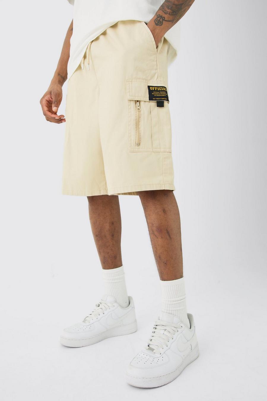 Stone Tall Fixed Waist Twill Relaxed Cargo Zip Detail Tab Short  image number 1