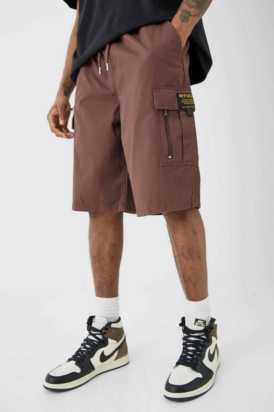 Chocolate Tall Baggy Keperstof Cargo Shorts Met Rits En Label En Tailleband image number 1