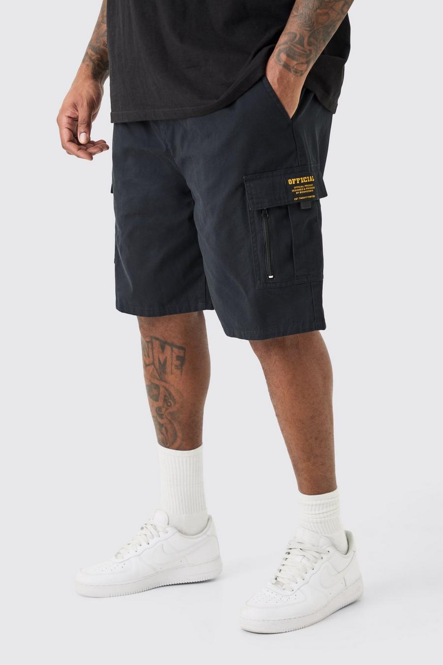 Pantalón corto Plus cargo holgado de sarga con cintura fija y etiqueta con cremallera, Black