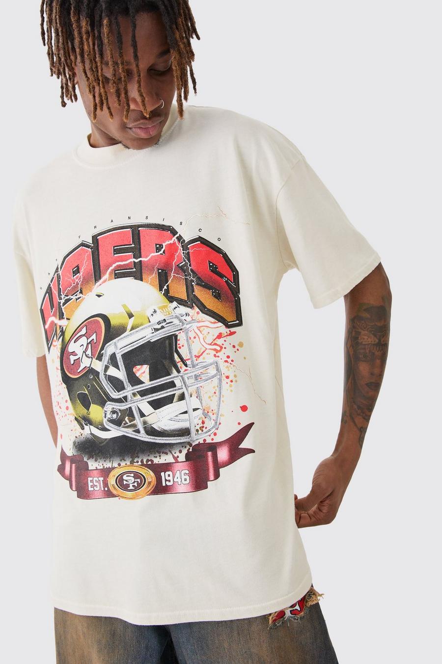 Cream Gelicenseerd Oversized Gebleekt Nfl 49ers T-Shirt Met Brede Nek image number 1