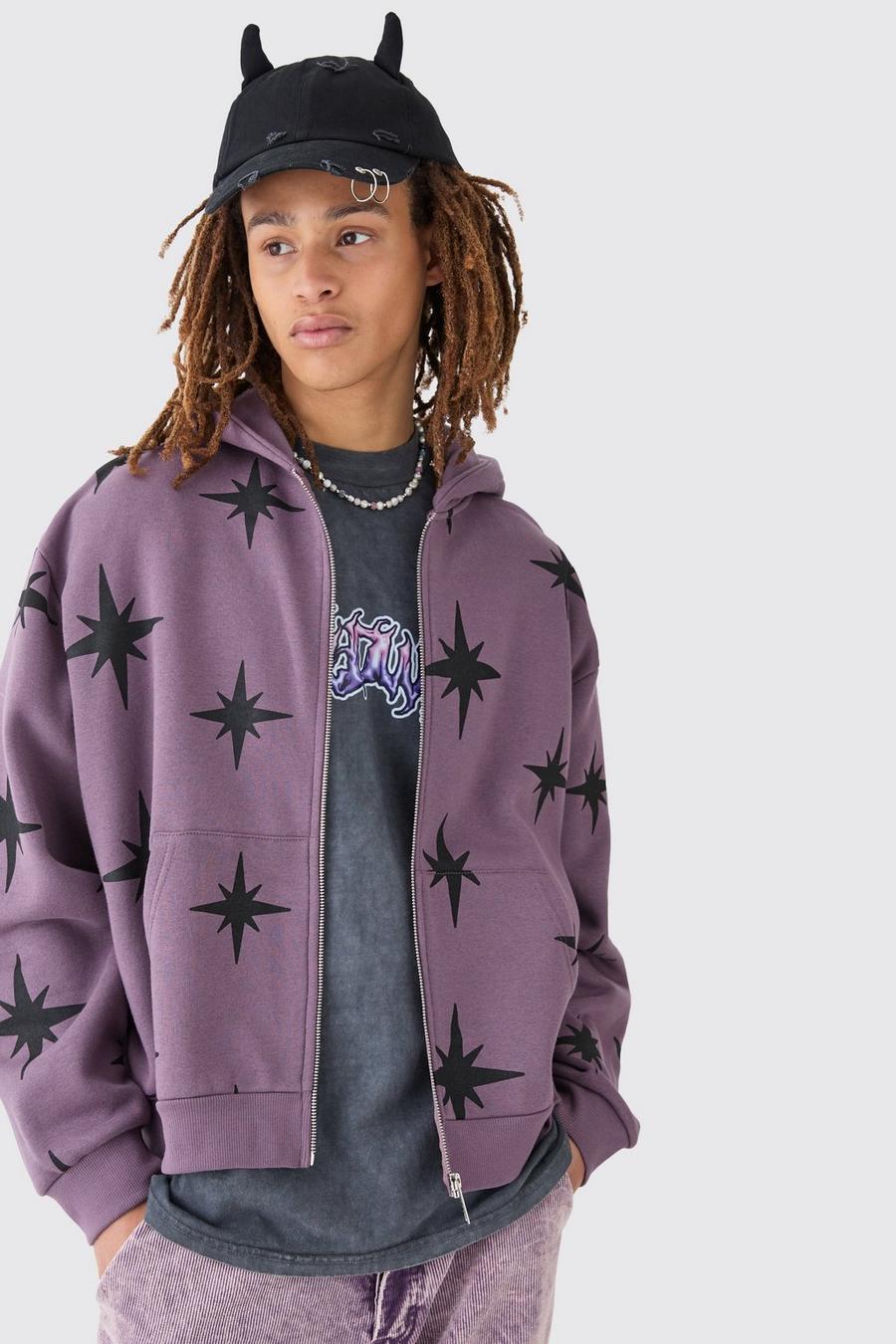 Purple Oversized Boxy Gothic All Over Print Zip Thru Hoodie image number 1