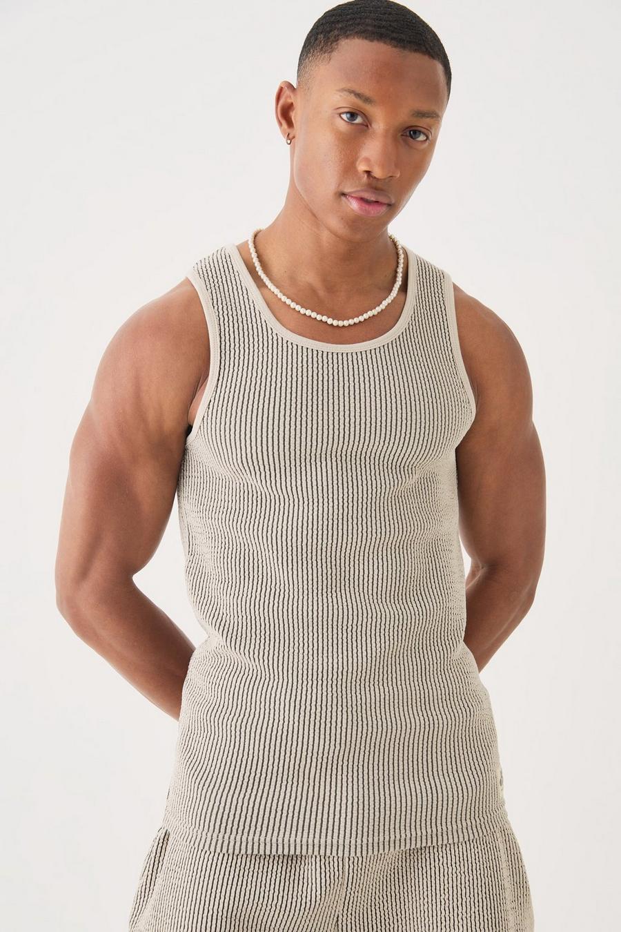 Grey Muscle Fit Textured Vest With Woven Tab image number 1