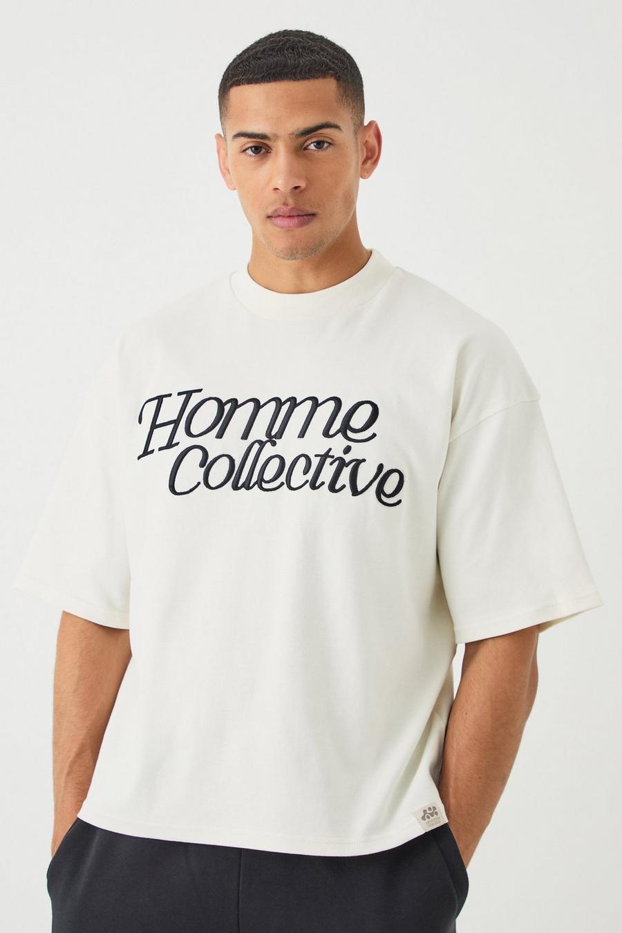 Camiseta oversize recta gruesa con bordado Homme, Ecru image number 1