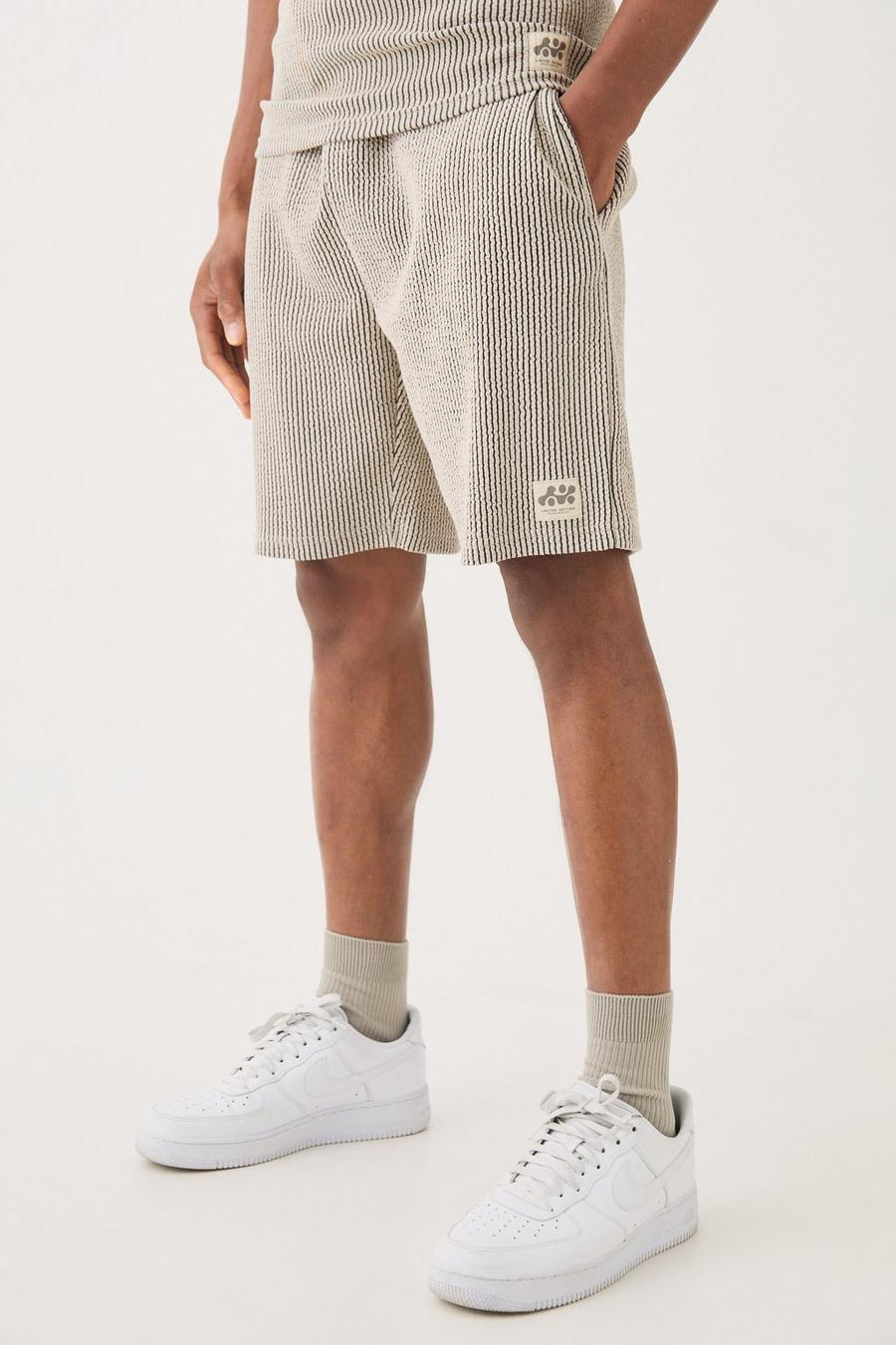Relaxed Mid Length Textured Short With Woven Tab, Grey