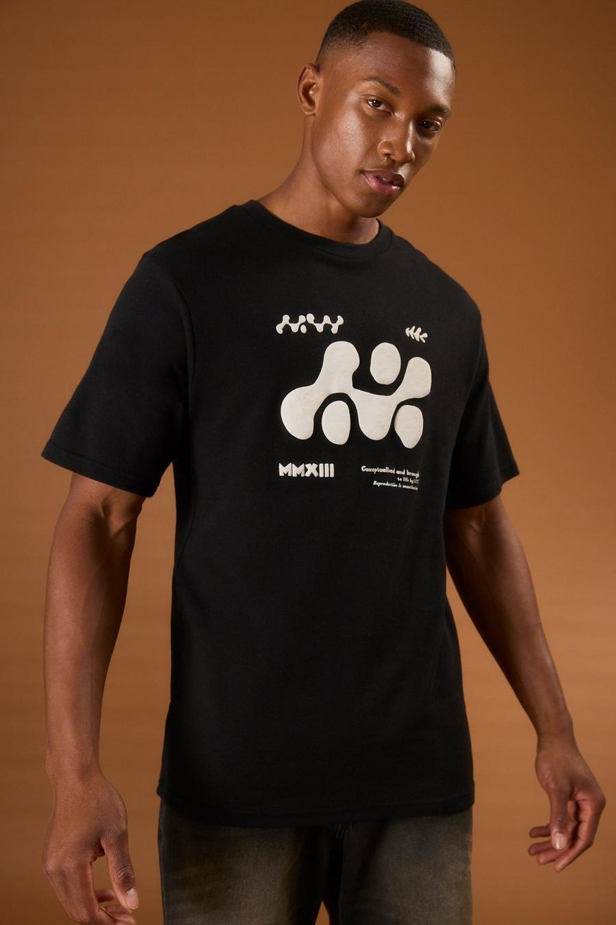T-shirt pesante con stampa astratta a caratteri arrotondati, Black image number 1