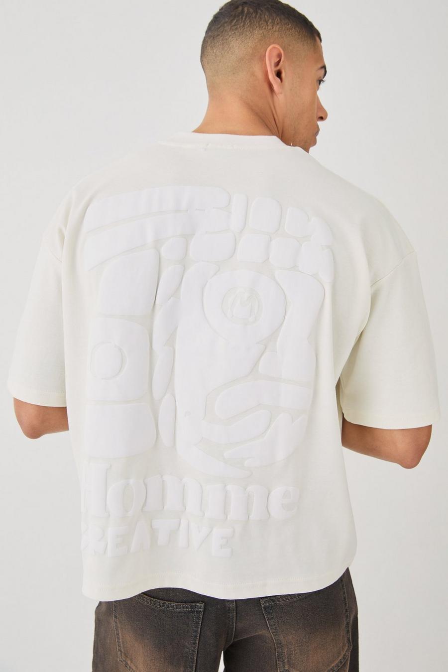Ecru Oversized Boxy Heavyweight Embroidered Puff Print T-shirt image number 1