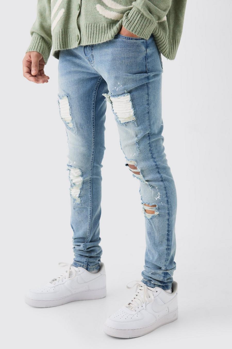 Jeans stile Biker Skinny Fit Stretch bianchi in PU con pieghe sul fondo e strappi & rattoppi, Antique blue
