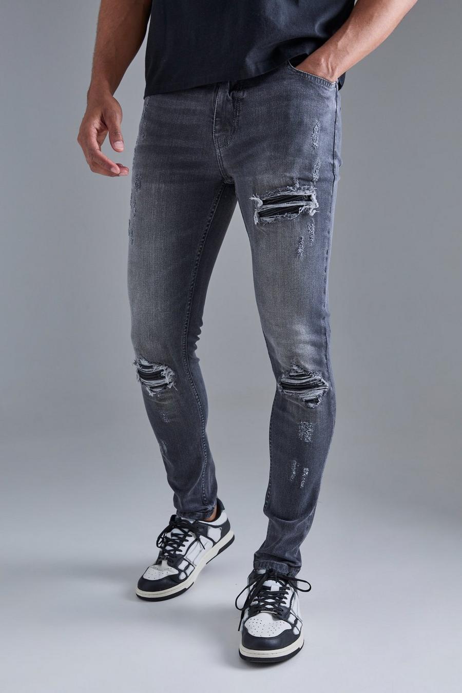Jeans stile Biker Skinny Fit Stretch neri in PU con strappi & rattoppi, Charcoal