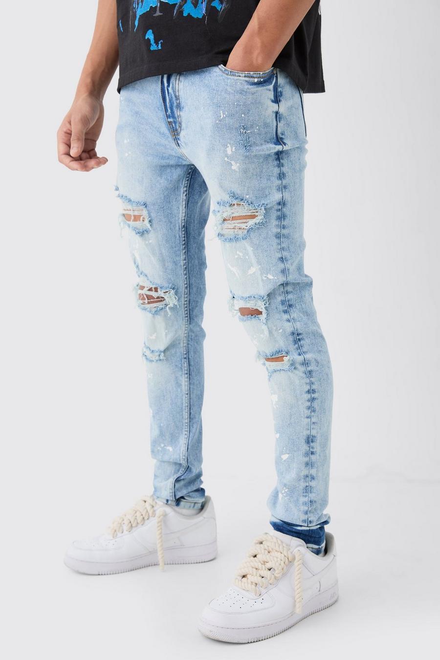 Zerrissene Skinny Stretch Jeans mit Farbspritzern, Ice blue image number 1