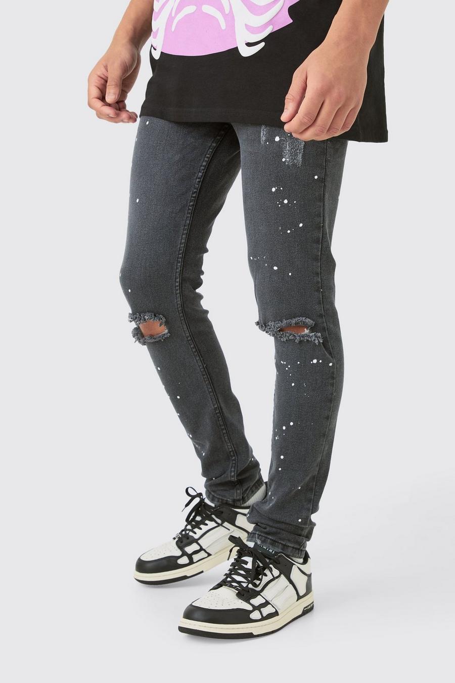 Zerrissene Skinny Stretch Jeans mit Farbspritzern, Ice grey