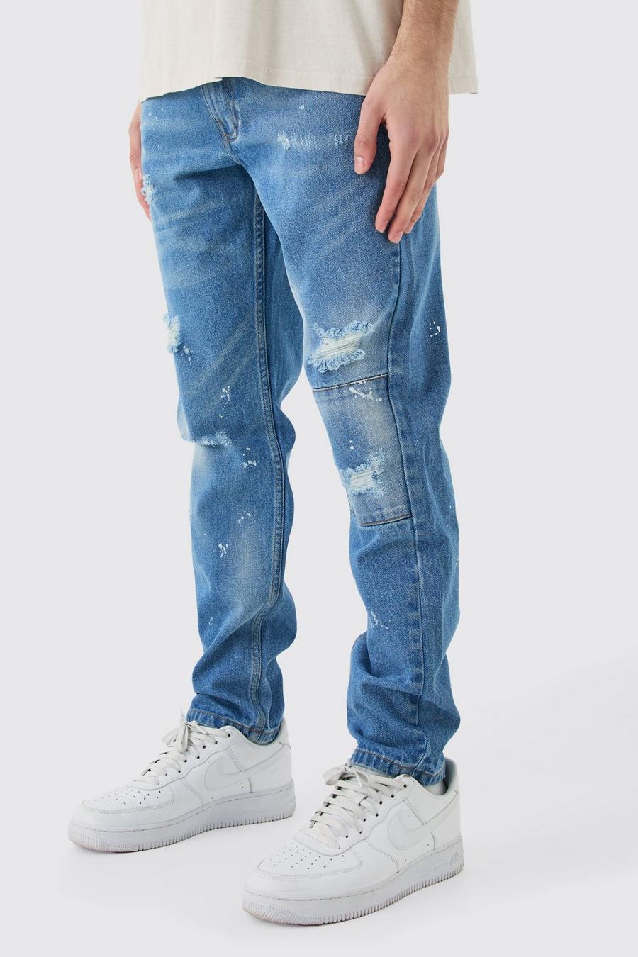 Jeans Slim Fit in denim rigido con strappi sul ginocchio e dettagli dipinti all over, Light blue image number 1