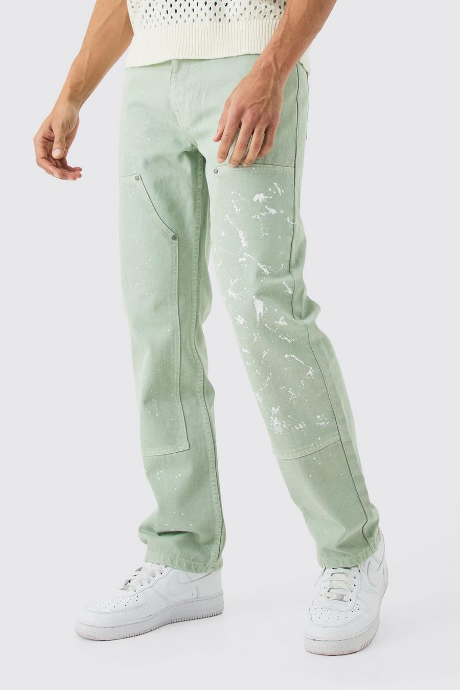 Sage Relaxed Rigid Carpenter Paint Splatter Overdyed Jeans image number 1