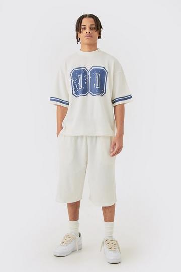 Oversized Boxy Heavyweight Waffle Varsity T-shirt & Short Set ecru