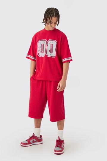 Red Oversized Boxy Heavyweight Waffle Varsity T-shirt & Short Set