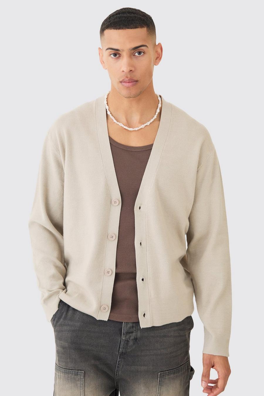 Stone Boxy Fit Knitted Cardigan image number 1