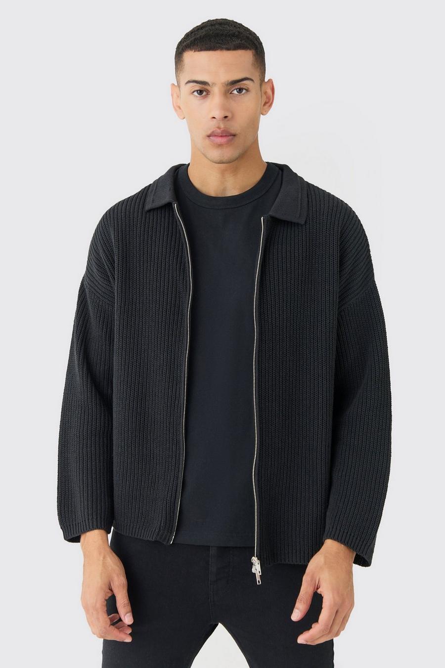 Maglione Regular Fit in maglia stile pescatore con doppia zip, Black