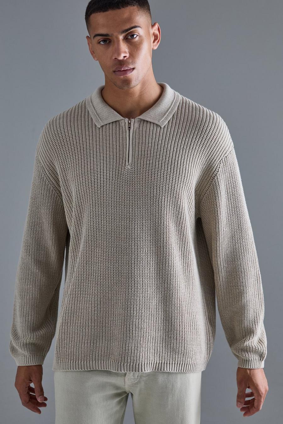 Stone Relaxed Fit 1/4 Zip Funnel Fisherman Knit Jumper