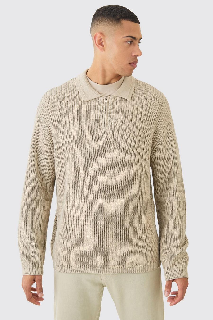 Maglione Regular Fit in maglia stile pescatore con zip corta e collo a imbuto, Stone