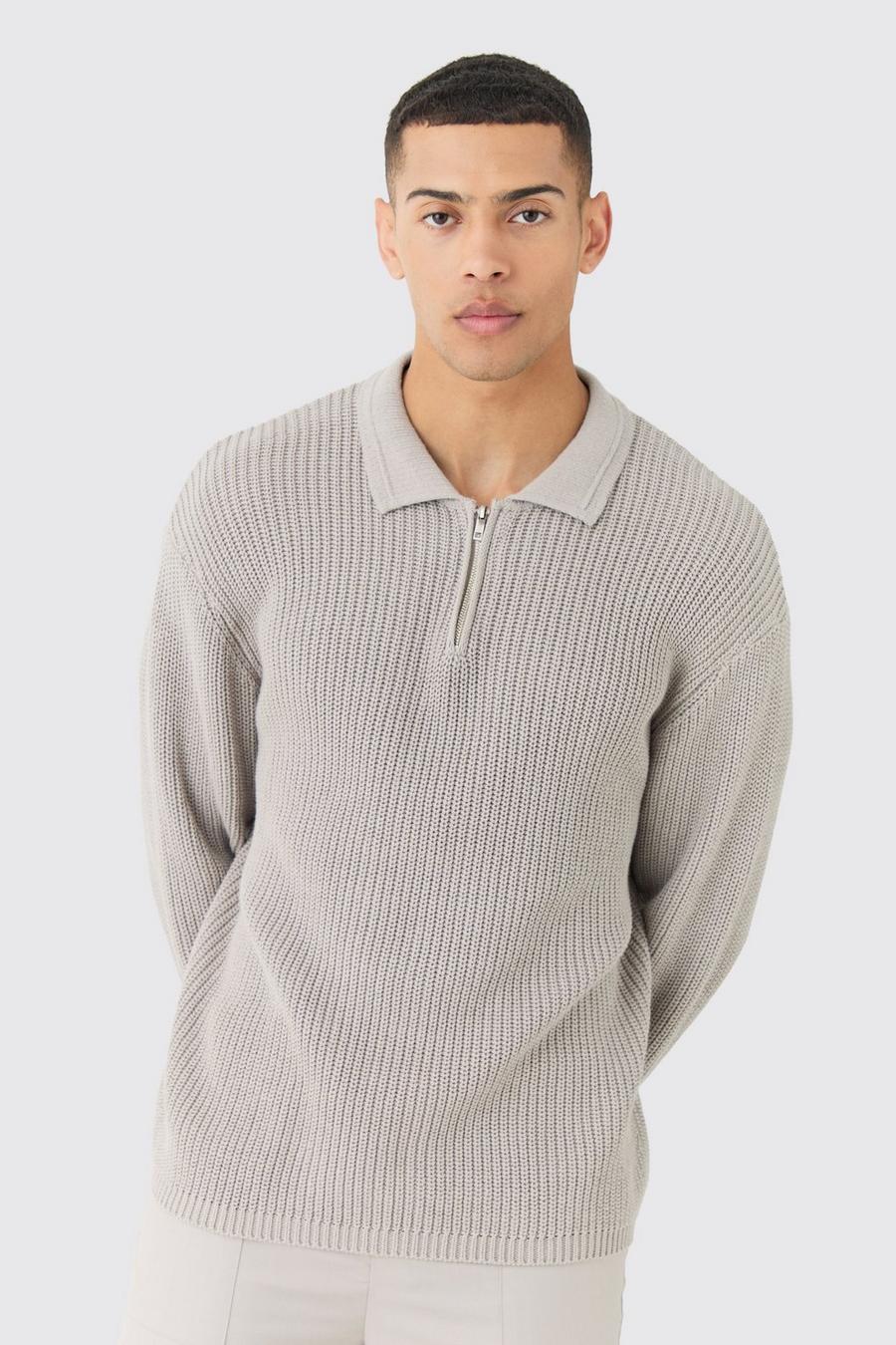 Maglione Regular Fit in maglia stile pescatore con zip corta e collo a imbuto, Light grey image number 1