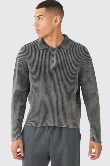 Oversized Boxy Acid Wash Ribbed Knit Polo In Black black