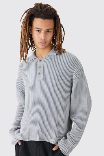 Grey Oversized Boxy Acid Wash Ribbed Knit Polo In Grey