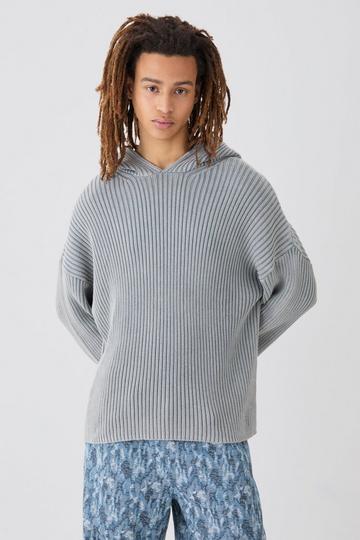 Grey Regular Acid Wash Ribbed Knit Hoodie In Grey