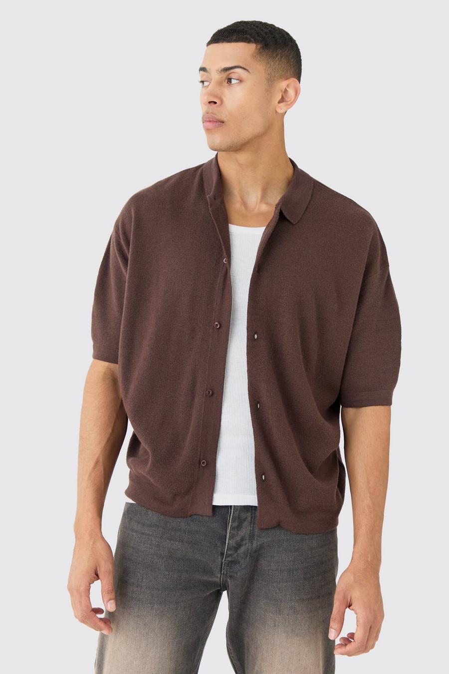 Camicia squadrata oversize a maniche corte in maglia, Chocolate image number 1