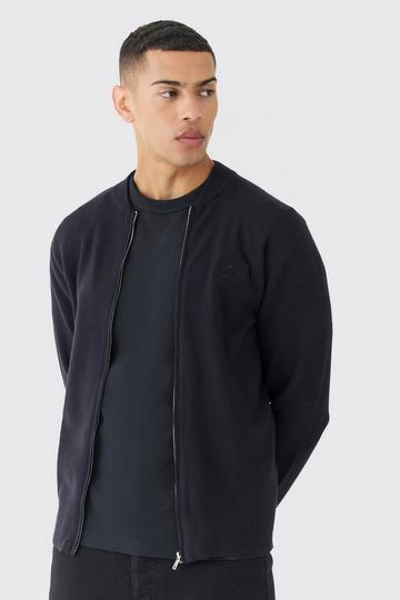 Black Regular Fit Man Branded Knitted Bomber