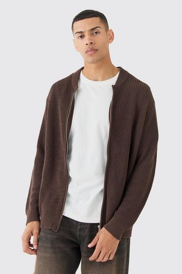 Regular Ribbed Fisherman Knit Bomber Jacket chocolate