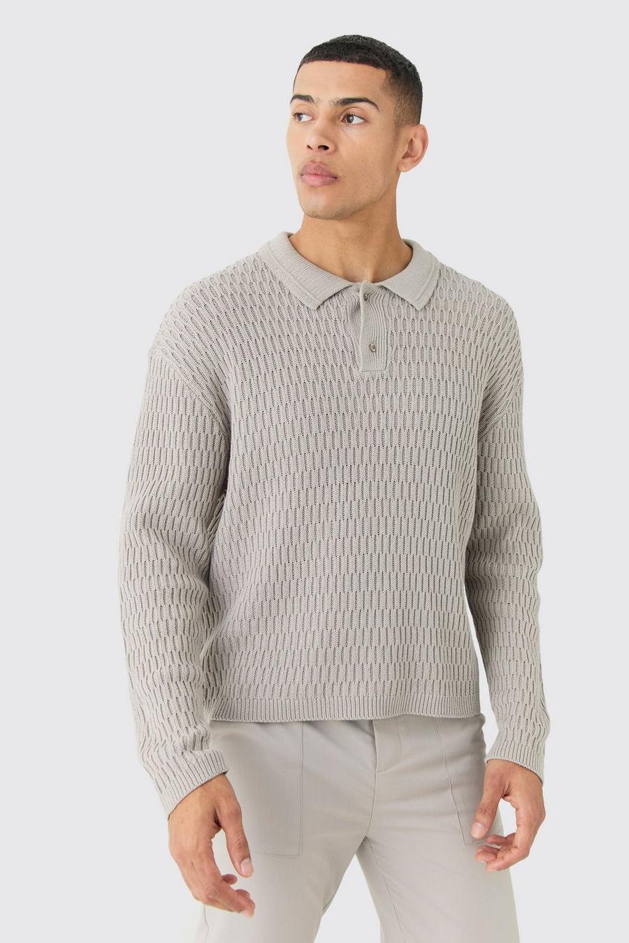 Polo a maniche lunghe Regular Fit in maglia con trama, Light grey image number 1