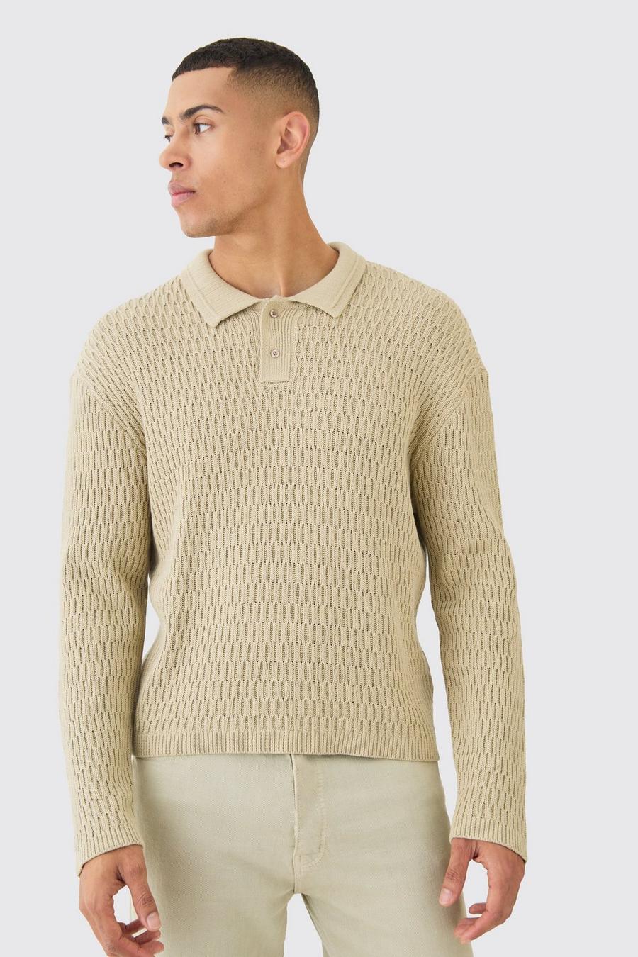 Stone Regular Long Sleeve Textured Knit Polo image number 1