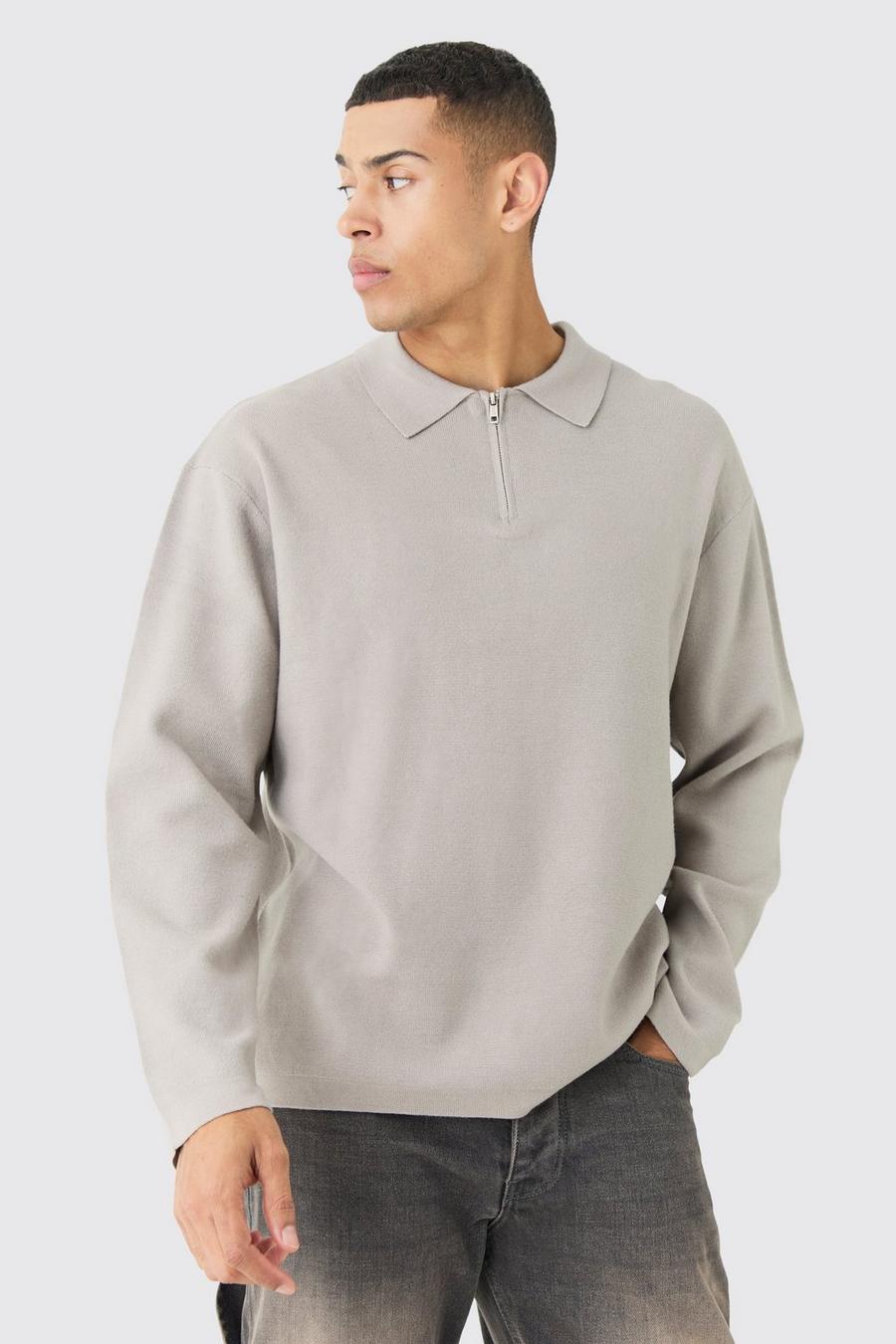 Light grey Regular Long Sleeve Knitted 1/4 Zip Polo