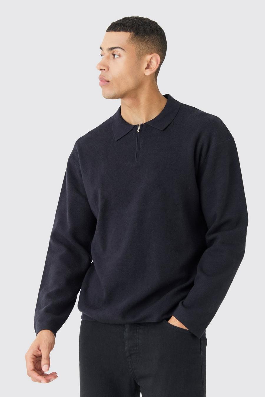 Black Regular Long Sleeve Knitted 1/4 Zip Polo image number 1
