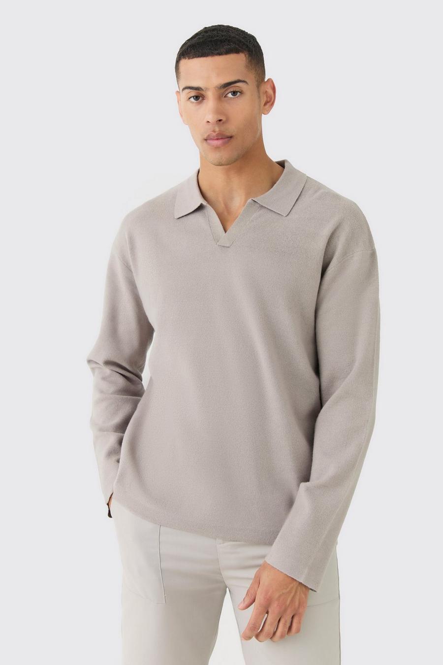 Light grey Regular Long Sleeve Knitted Revere Polo image number 1