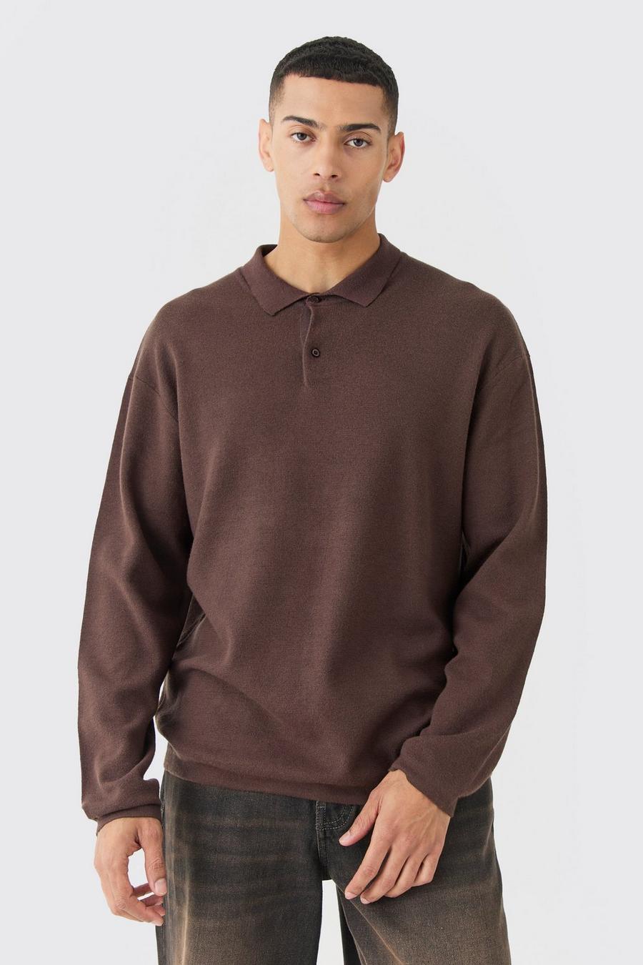 Chocolate Regular Long Sleeve Knitted Button Up Polo