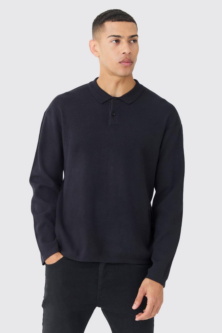 Black Regular Long Sleeve Knitted Button Up Polo