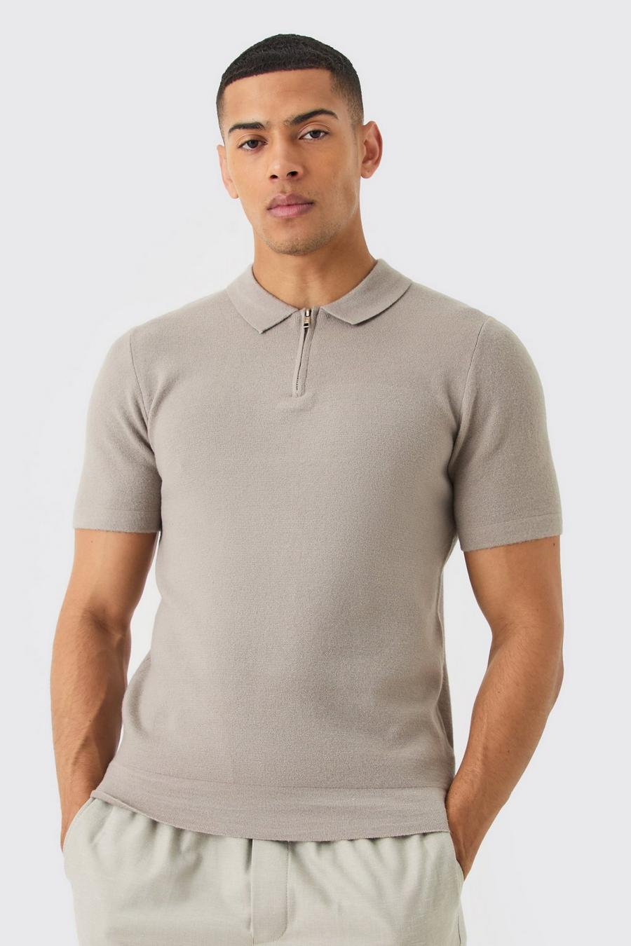 Light grey Regular Fit 1/4 Zip Knitted Polo image number 1