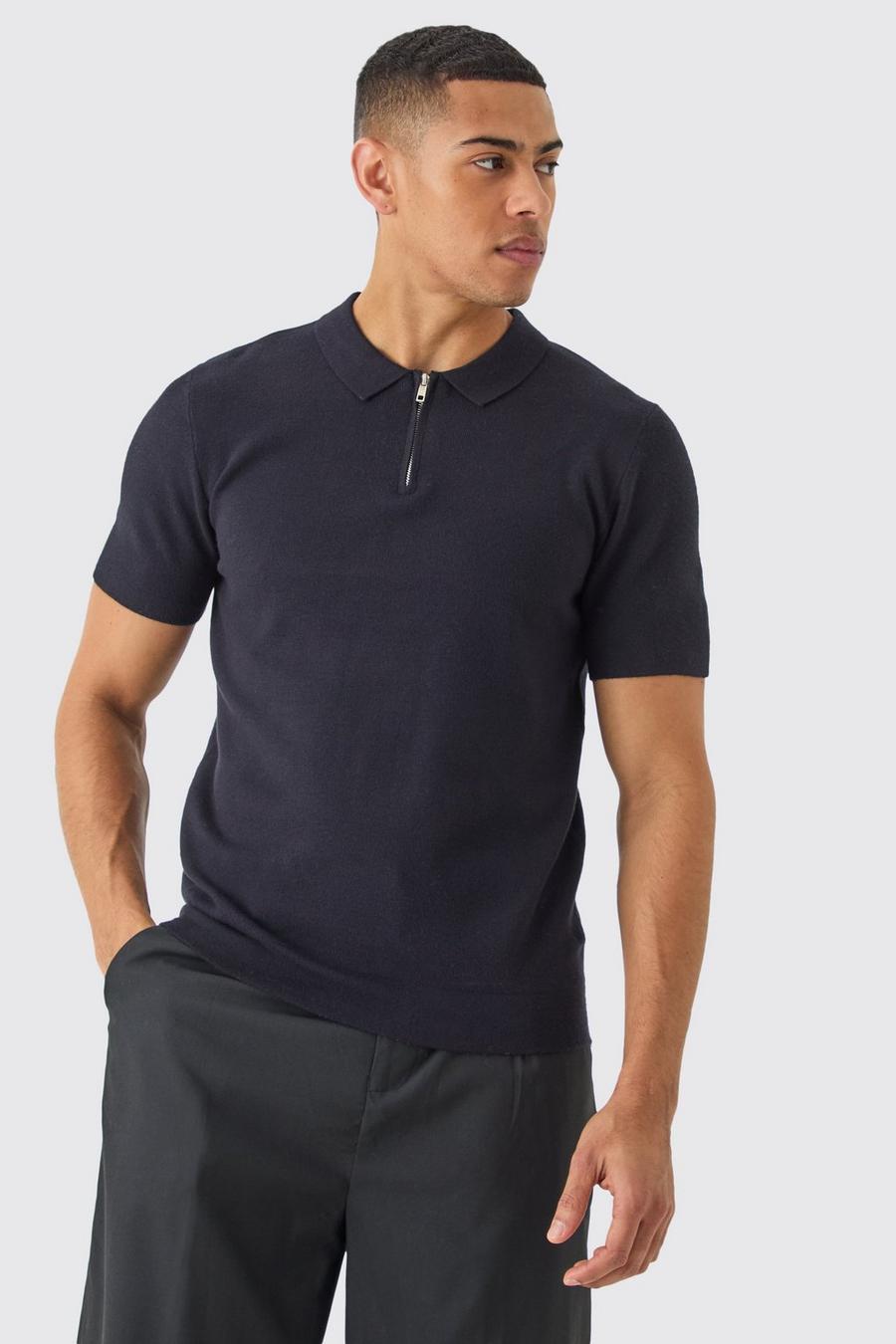 Black Regular Fit 1/4 Zip Knitted Polo