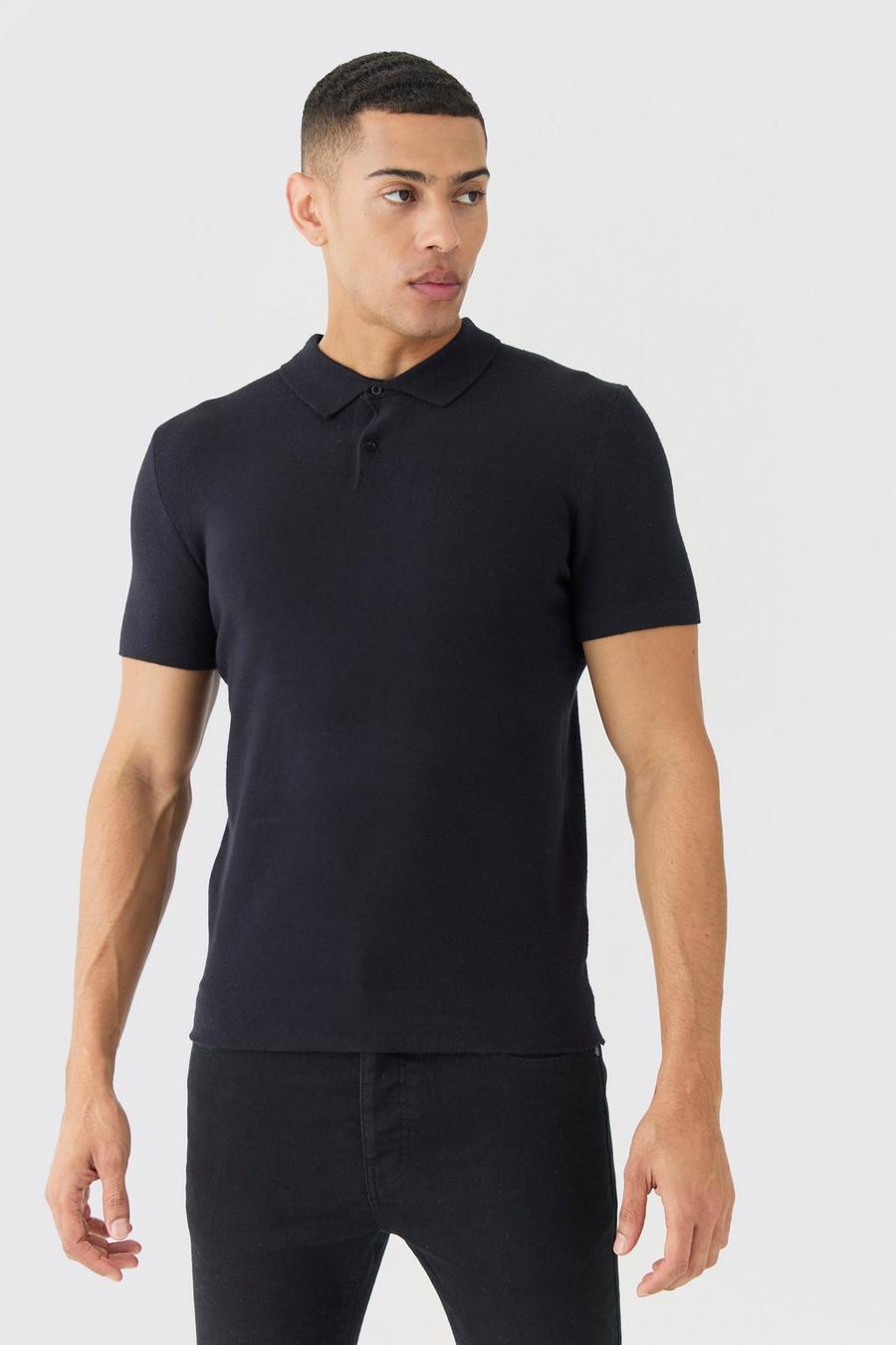 Black Regular Fit Button Up Knitted Polo 