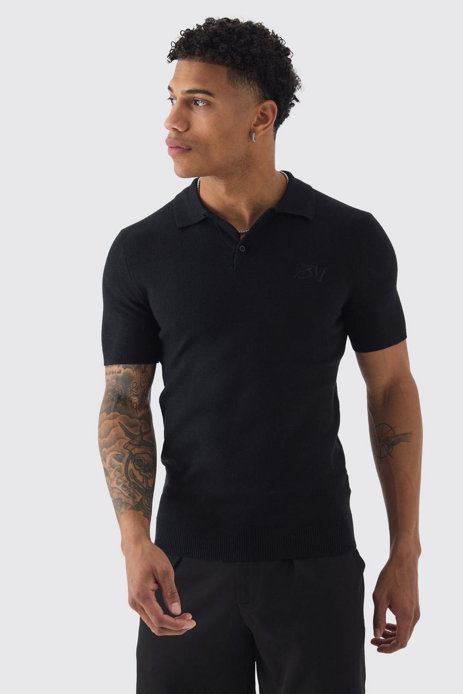 Black Muscle Fit Man Branded Knitted Polo