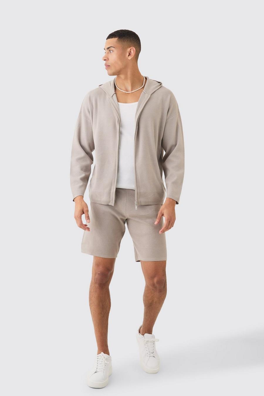 Knitted Zip Through Hooded Short Tracksuit, Light grey