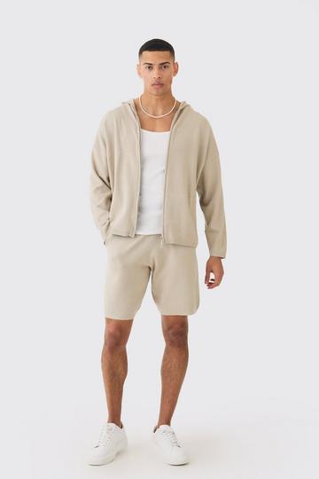 Stone Beige Knitted Zip Through Hooded Short Tracksuit